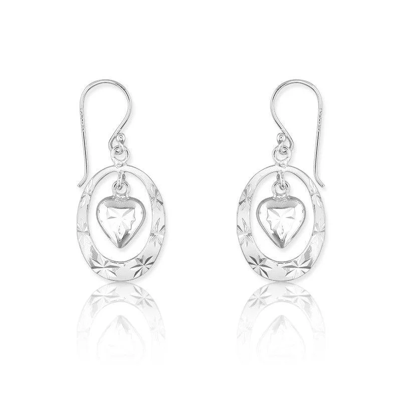 Beautiful necklaces and pendants with geometric shapes for a modern, artistic design-Sterling Silver Open Oval with Center Dangling Heart Earrings