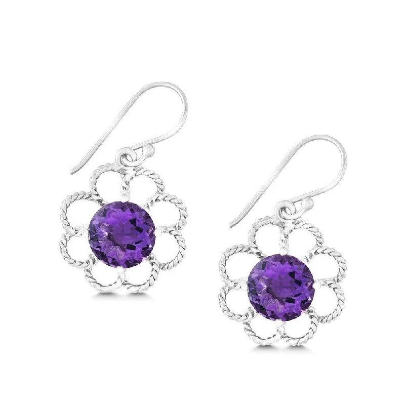 Stunning necklaces and pendants with turquoise and gold for a vibrant, earthy look-Sterling Silver Open Petal Flower with Center Round Amethyst Earrings