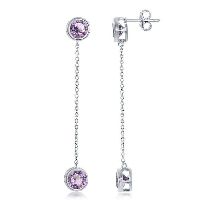 Necklaces and pendants with lock and key designs for a symbolic gesture-Sterling Silver Round Bezel-Set Amethyst with Hanging Chain Bezel-Set Amethyst Earrings