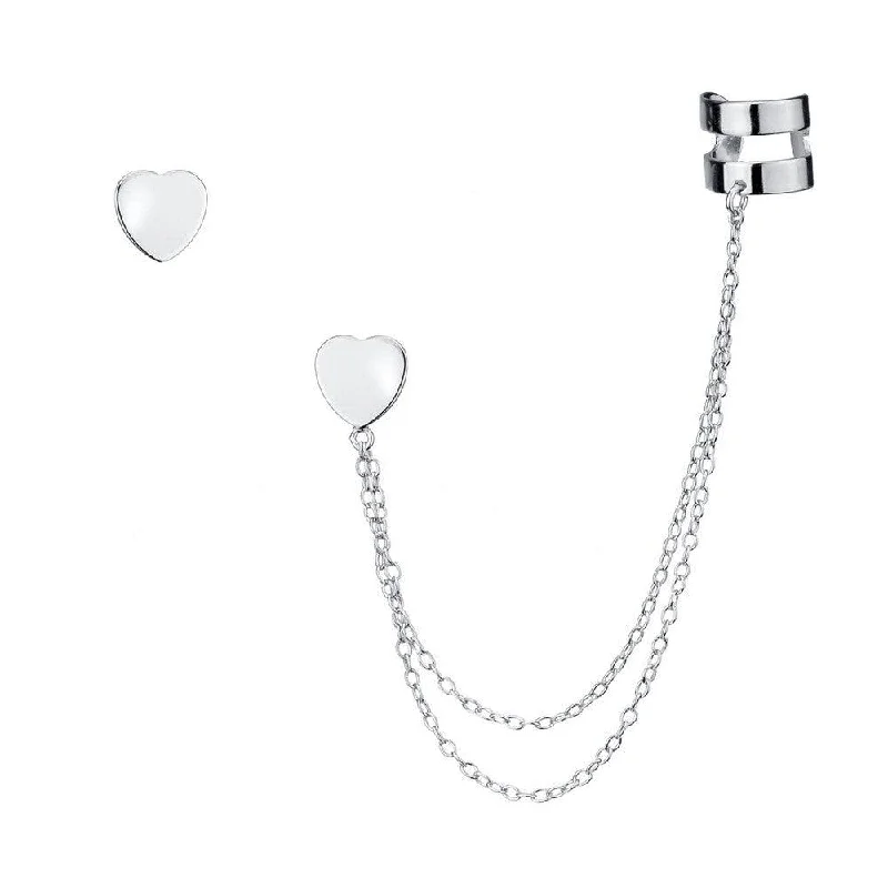 Necklaces and pendants with enamel accents for a colorful, eye-catching appearance-Sterling Silver Single Stud with Cuff Heart Earrings