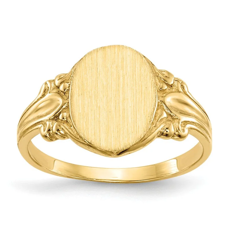 Rings with peacock ore for iridescent glow -14k Yellow Gold Oval Signet Ring With Decorative Band (Ladies Sizes)