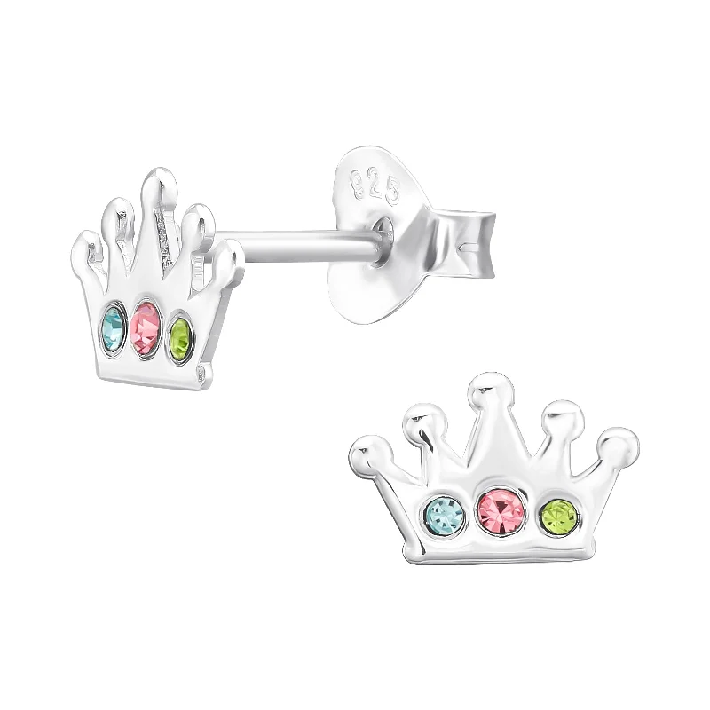 Best necklaces and pendants with black diamonds for an edgy, bold statement-Children’s Sterling Silver Crown Earring with Multi- Coloured CZ Detail.