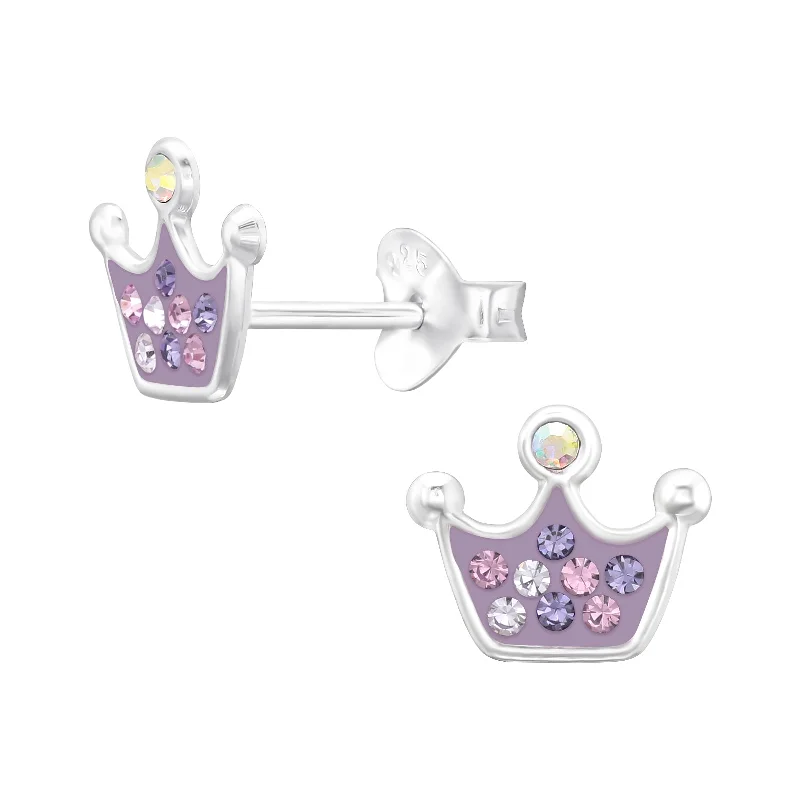 Unique necklaces and pendants with custom birthstone arrangements for personalization-Children’s Sterling Silver purple crown earrings with colourful crystals.