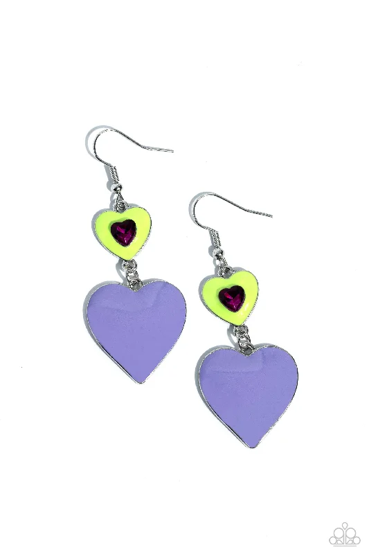 Layered necklaces and pendants for a trendy and fashionable stacked look-Flirting with Fashion - Green - and Purple Hearts Paparazzi Fishhook Earrings