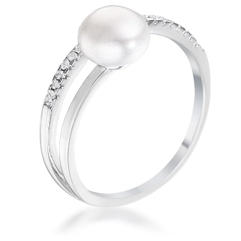 Rings with aventurine gems for green luck -.15Ct Rhodium Plated Freshwater Pearl Ring With CZ Micro Pave Band