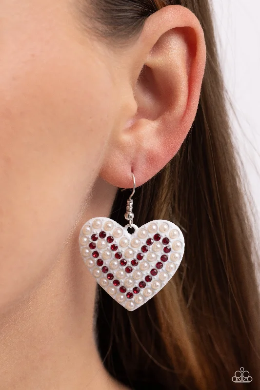 Best necklaces and pendants with gemstone clusters for a bold and colorful effect-Romantic Reunion - White - Painted Heart with Red Rhinestones and Pearls Paparazzi Fishhook Earrings