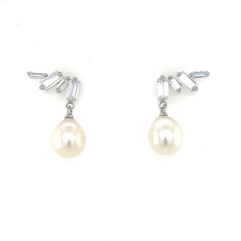 Beautiful necklaces and pendants with gemstone teardrops for an elegant effect-Sterling Silver Baguette Fan Stud with Pearl Drop