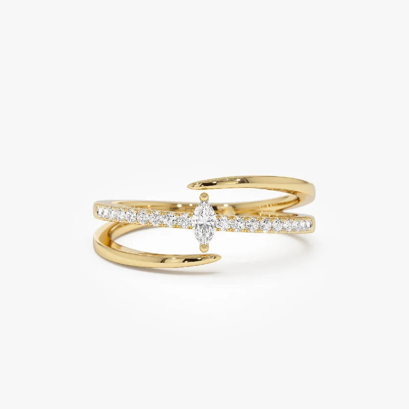 Rings with double bands for modern twist -14K Double Band Marquise Diamond Ring with Pavé Accents