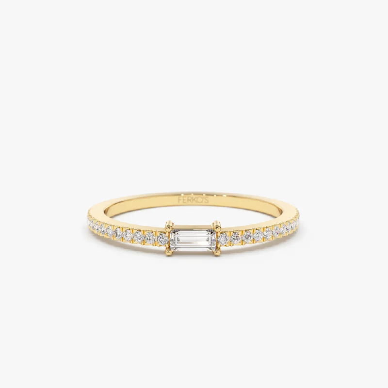 Rings with wide bands for statement wear -14k Stackable Baguette Diamond Ring with Pave Diamonds