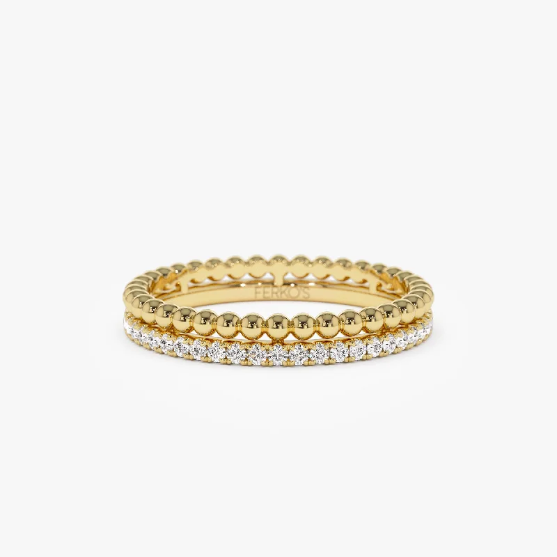 Rings with hexagon-cut stones for trendiness -14K Stacked Beaded Ring with Diamond Ring