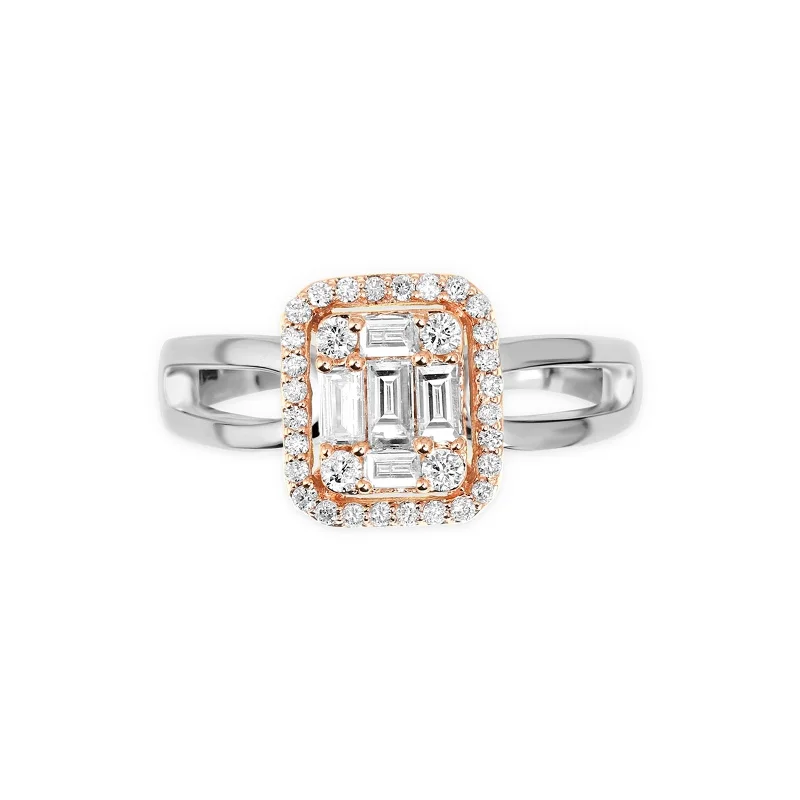 Rings with rainbow moonstone for color play -Diamond Baguette Illusion Ring with Halo in Solid 18k Two-Tone White and Rose Gold