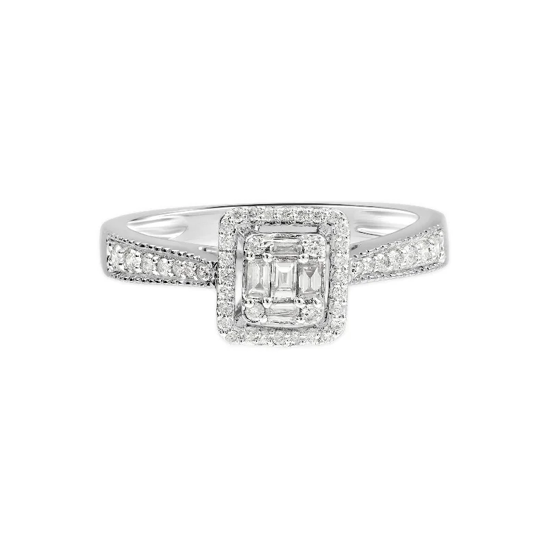 Rings with wide bands for statement wear -Halo Diamond Engagement Ring With Milgrain Detailed Shank