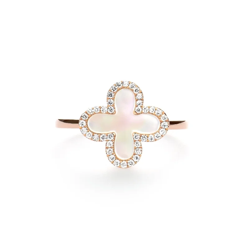 Rings with mandala engravings for spiritual vibe -Mother of Pearl Clover with Diamond Halo Ring