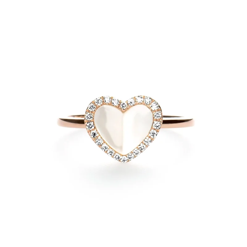 Rings with vine-wrapped bands for nature -Mother of Pearl Heart with Diamond Halo Ring