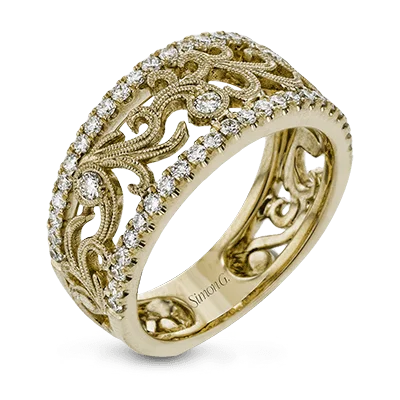 Rings with etched floral bands for detail -Right Hand Ring in 18k Gold with Diamonds