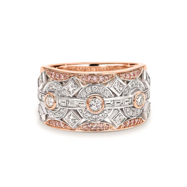 Titanium rings with rugged brushed metal look -Rose Gold Art Deco Ring with Pink Diamonds