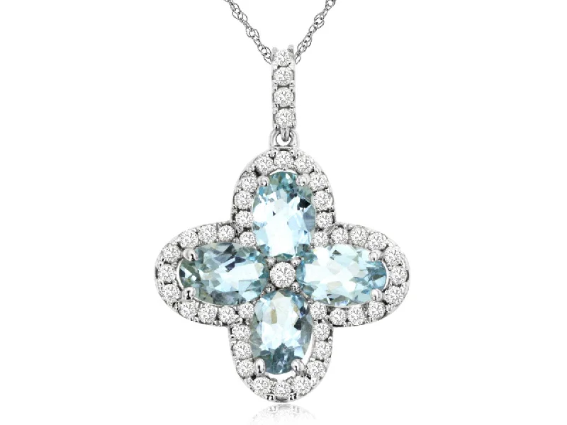 Trendy necklaces and pendants with statement pieces for a bold fashion statement-Aquamarine & Diamond Clover Flower Pendant Necklace