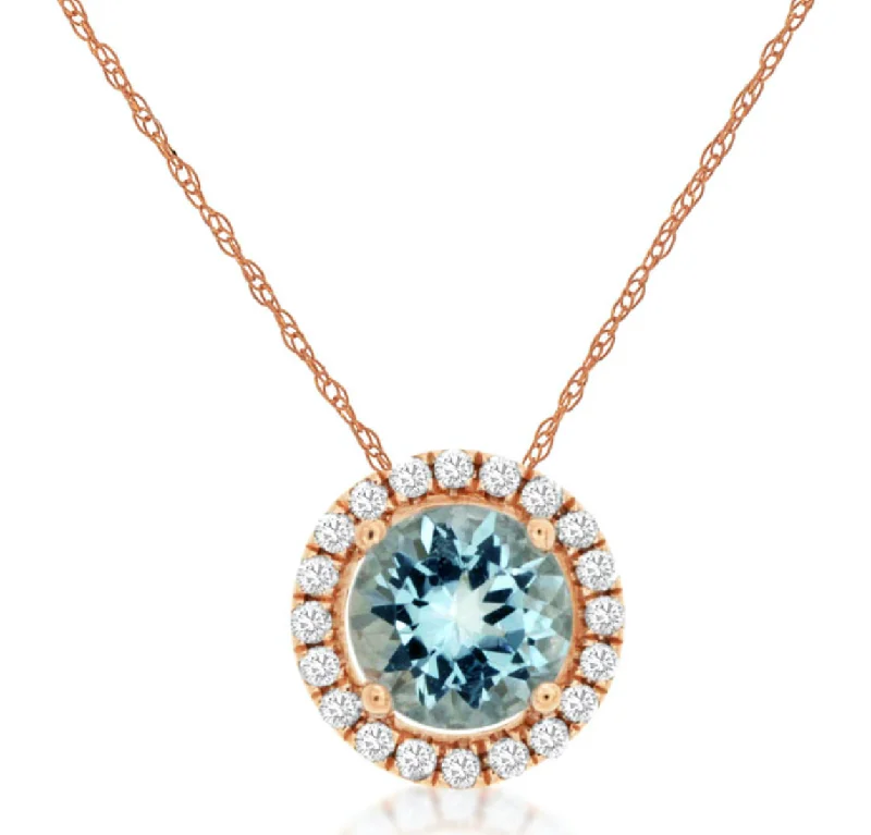 Best necklaces and pendants with floral designs for a feminine and elegant feel-Aquamarine & Diamond Halo Pendant in 14kt Rose Gold