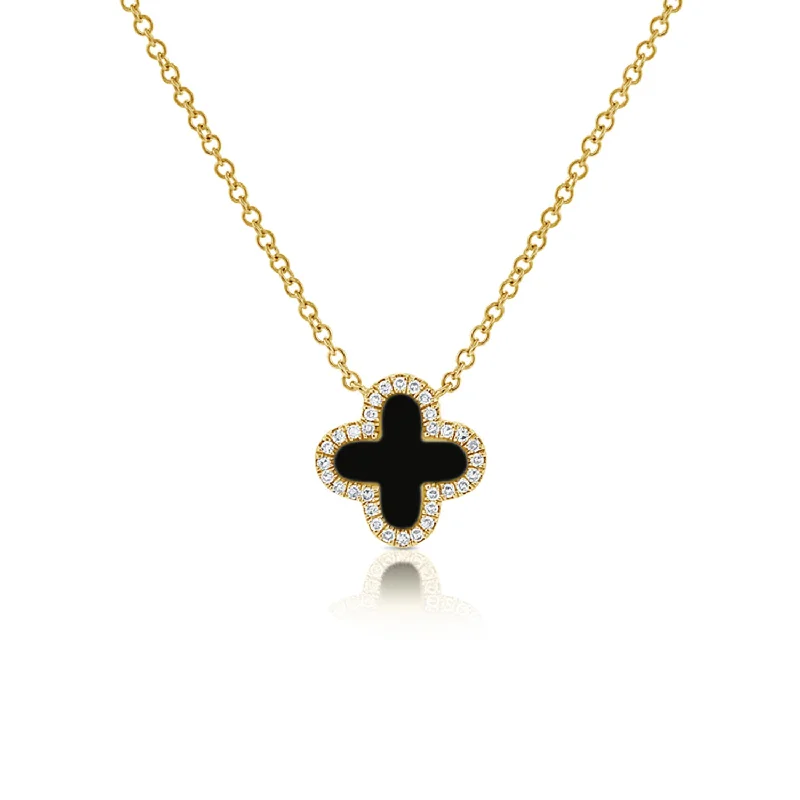 Necklaces and pendants with lotus flower designs for a spiritual, peaceful vibe-Black Enamel Clover Diamond Halo Necklace in 14K Gold