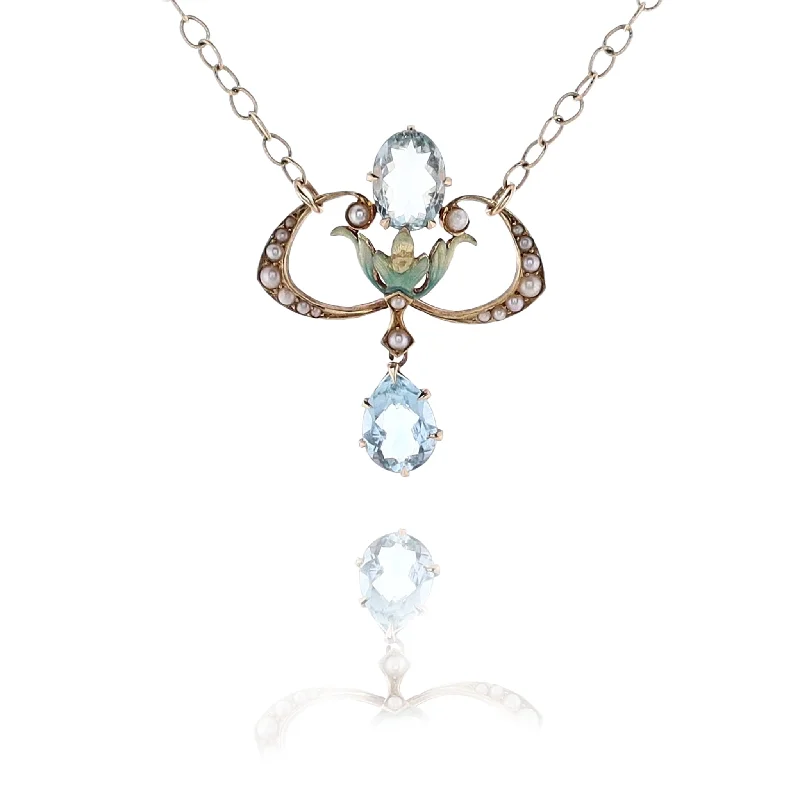 Best necklaces and pendants with infinity hearts for a romantic, eternal symbol-Estate 14 Karat Yellow Gold Aquamarine and Pearl Pendant Necklace