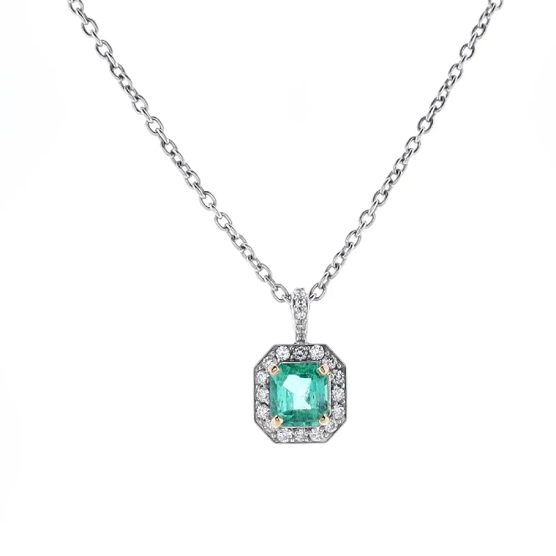 Unique necklaces and pendants with tree of life motifs for nature-inspired elegance-Estate Platinum Emerald Pendant with Diamond Surround 17" Chain Necklace