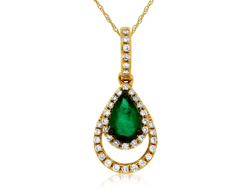 Necklaces and pendants with angel wing motifs for a spiritual, meaningful design-14K Yellow Gold Pear Shaped Emerald and Double Diamond Halo Pendant Necklace