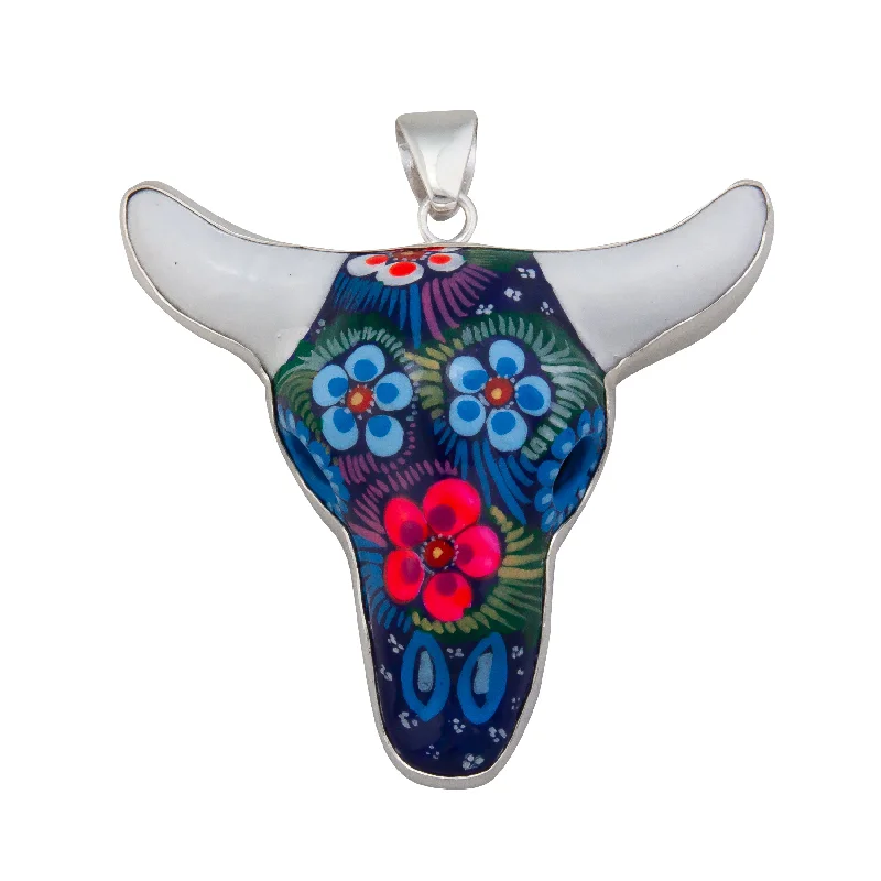 Necklaces and pendants with sun and moon motifs for a celestial-inspired design-Sterling Silver Hand Painted Ceramic Cow Skull Pendant